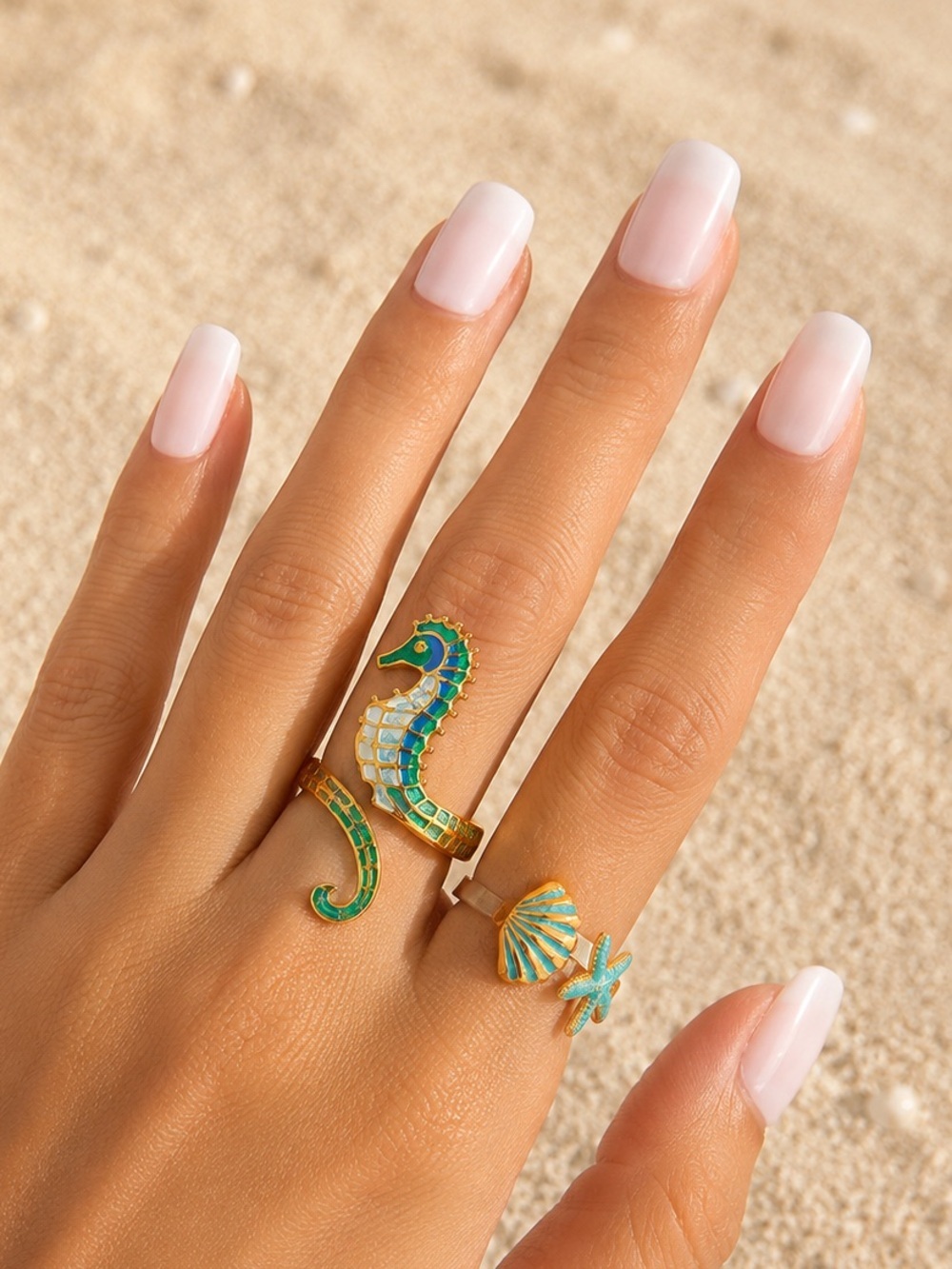 Gold  Turquoise Seahorse & Shell Ring Set - Women Jewelry